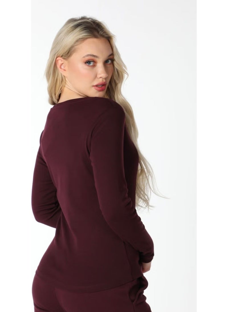 Defy's Women's Long Sleeve V Neck T-Shirt Plum - Image 5
